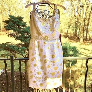 CARMEN MARC VALVO JEWEL EMBELLISHED IVORY & CHAMPAGNE GOLD DRESS 6 NWT